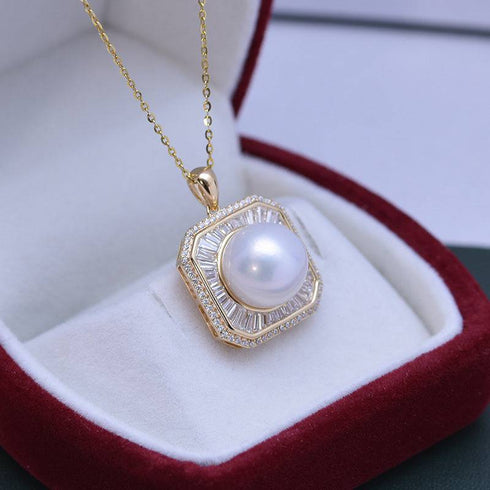 11-12mm Freshwater Pearl & Square CZ Pendant Necklace - House Of Pearls